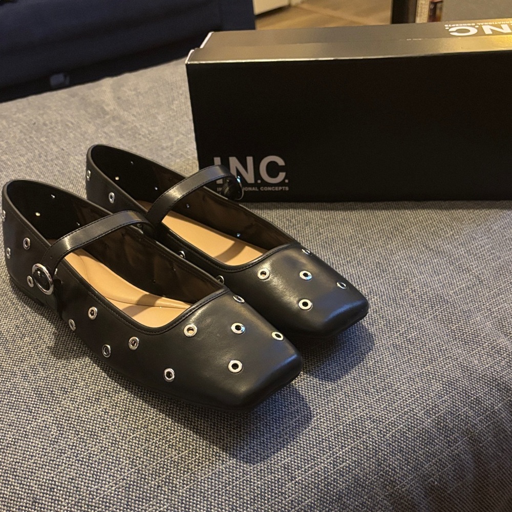 INC International Concepts Women's Black Flats with Eyelet Accents